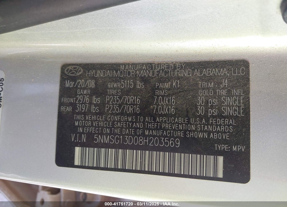 2008 HYUNDAI SANTA FE VIN: 5NMSG13D08H203569