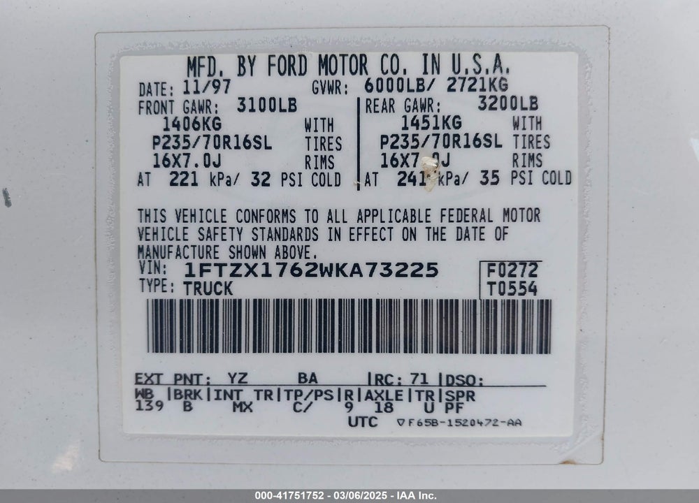 1998 FORD F-150 LARIAT/STANDARD/XL/XLT VIN: 1FTZX1762WKA73225