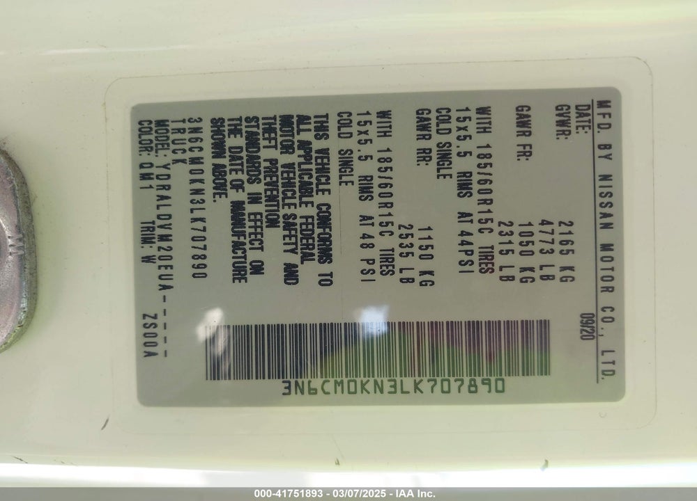 2020 NISSAN NV200  CARGO S XTRONIC CVT VIN: 3N6CM0KN3LK707890
