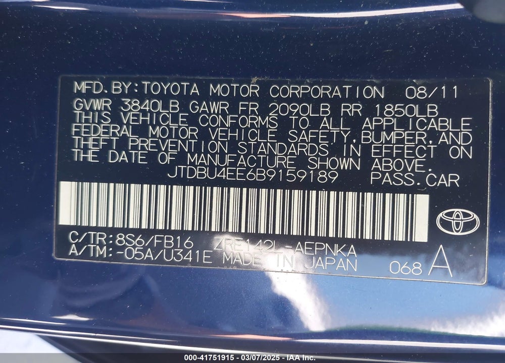 2011 TOYOTA COROLLA VIN: JTDBU4EE6B9159189