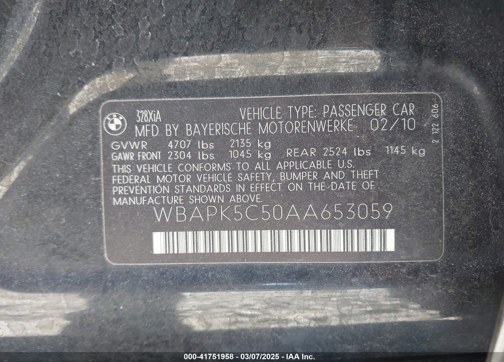 2010 BMW 328I VIN: WBAPK5C50AA653059