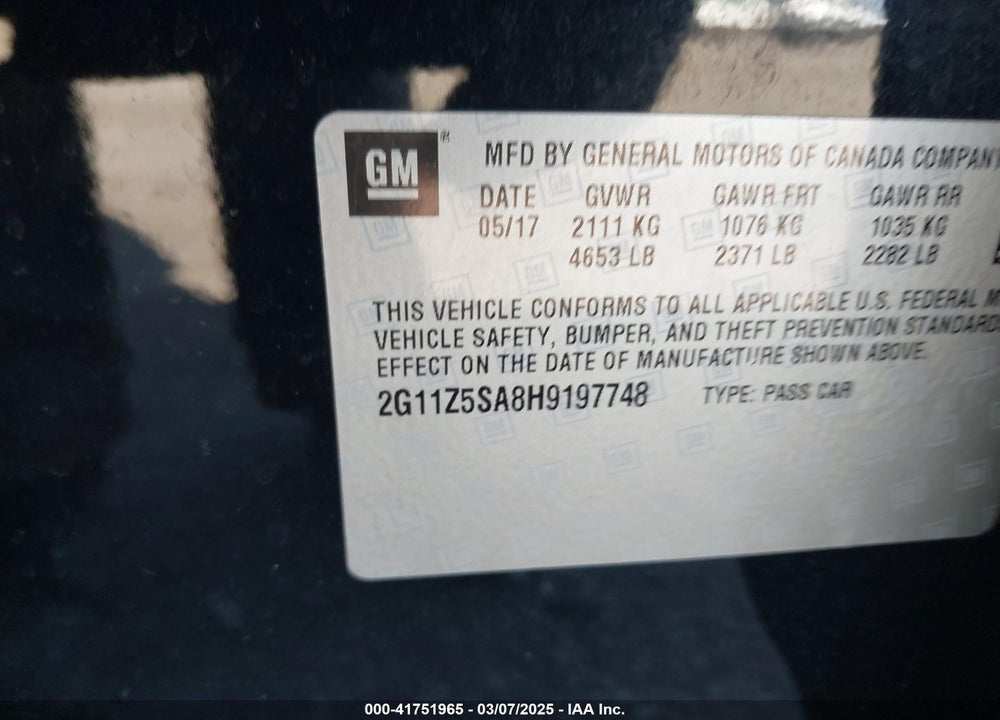 2017 CHEVROLET IMPALA VIN: 2G11Z5SA8H9197748