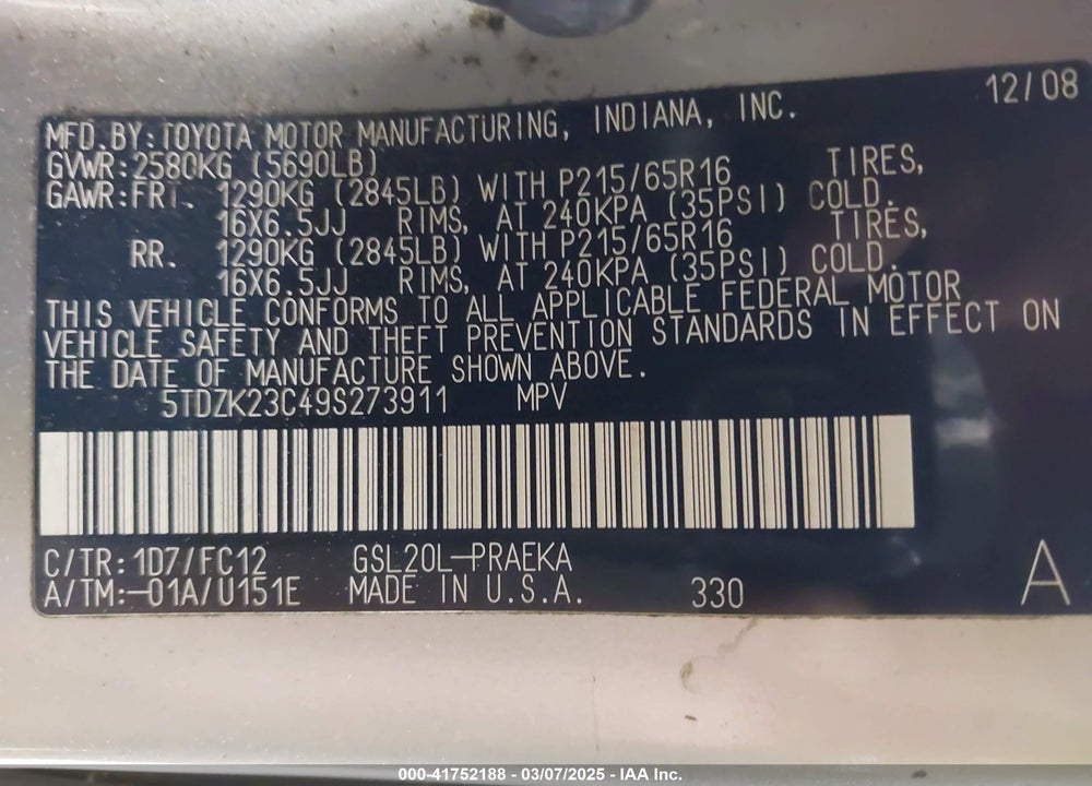 2009 TOYOTA SIENNA LE VIN: 5TDZK23C49S273911