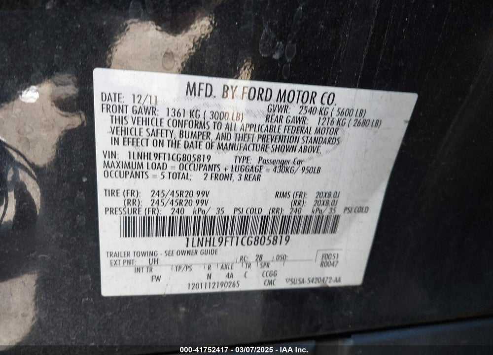 2012 LINCOLN MKS VIN: 1LNHL9FT1CG805819