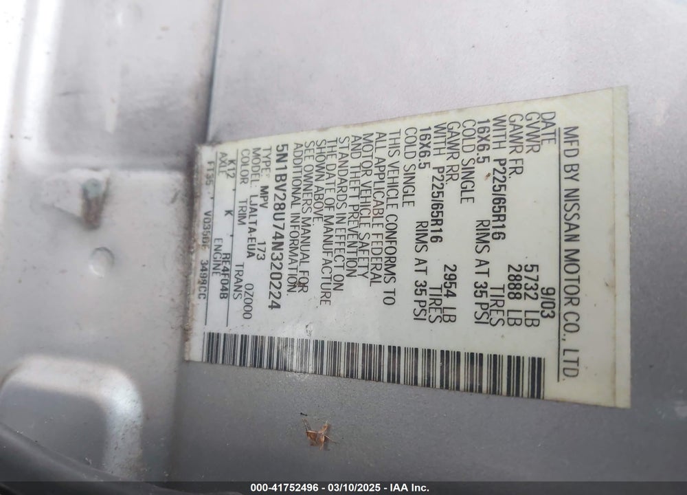 2004 NISSAN QUEST 3.5 SL VIN: 5N1BV28U74N320224
