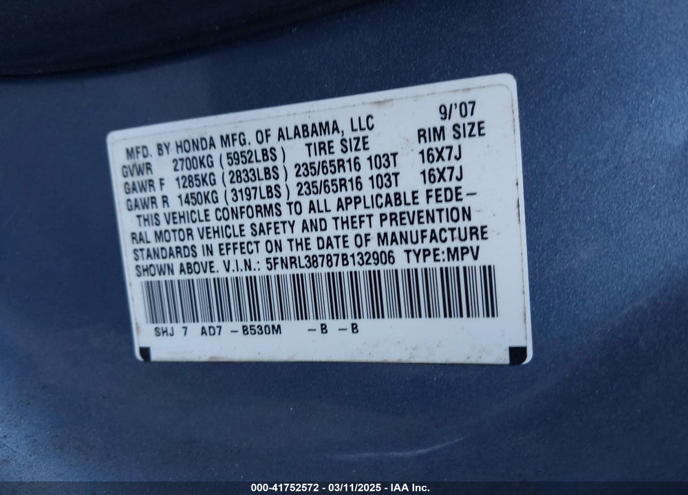 2007 HONDA ODYSSEY EX-L VIN: 5FNRL38787B132906
