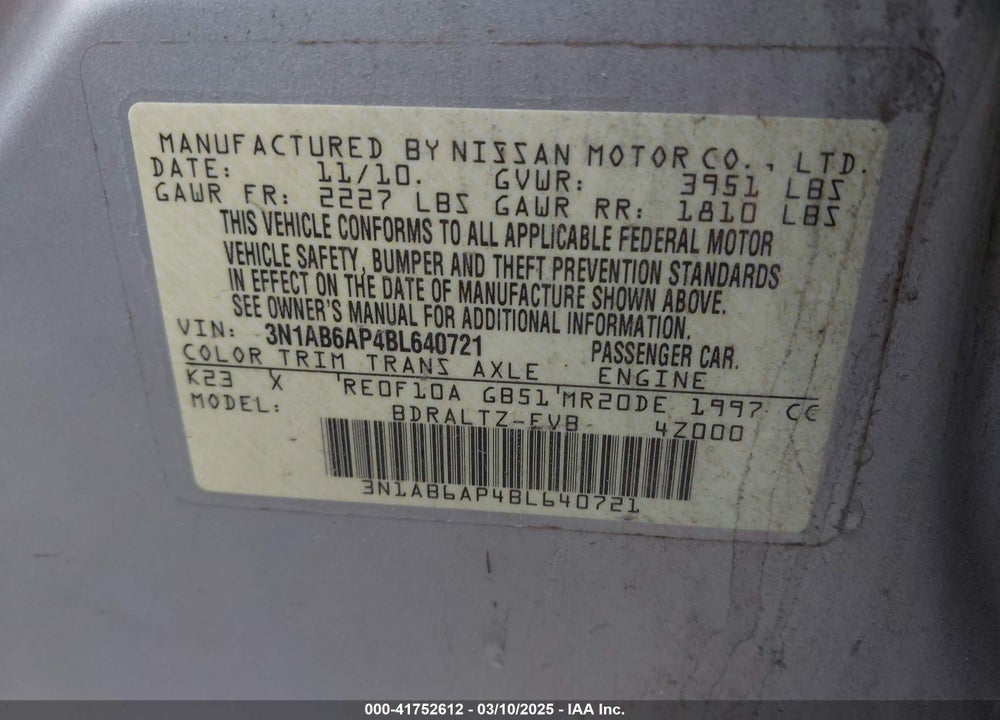 2011 NISSAN SENTRA 2.0SR VIN: 3N1AB6AP4BL640721