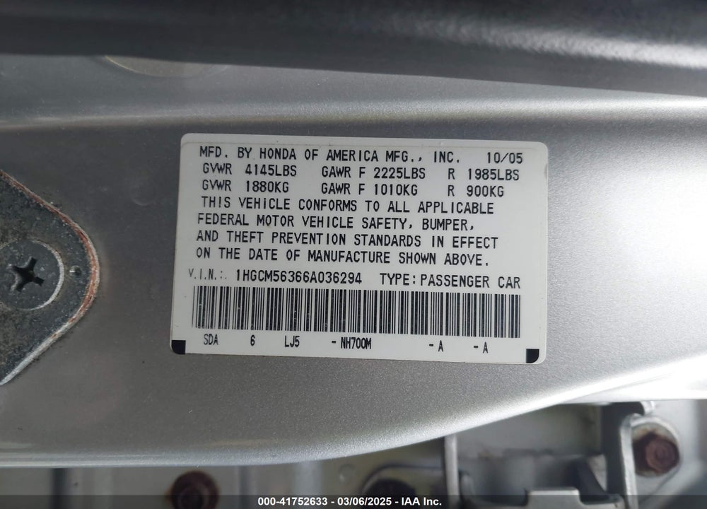 2006 HONDA ACCORD 2.4 SE VIN: 1HGCM56366A036294