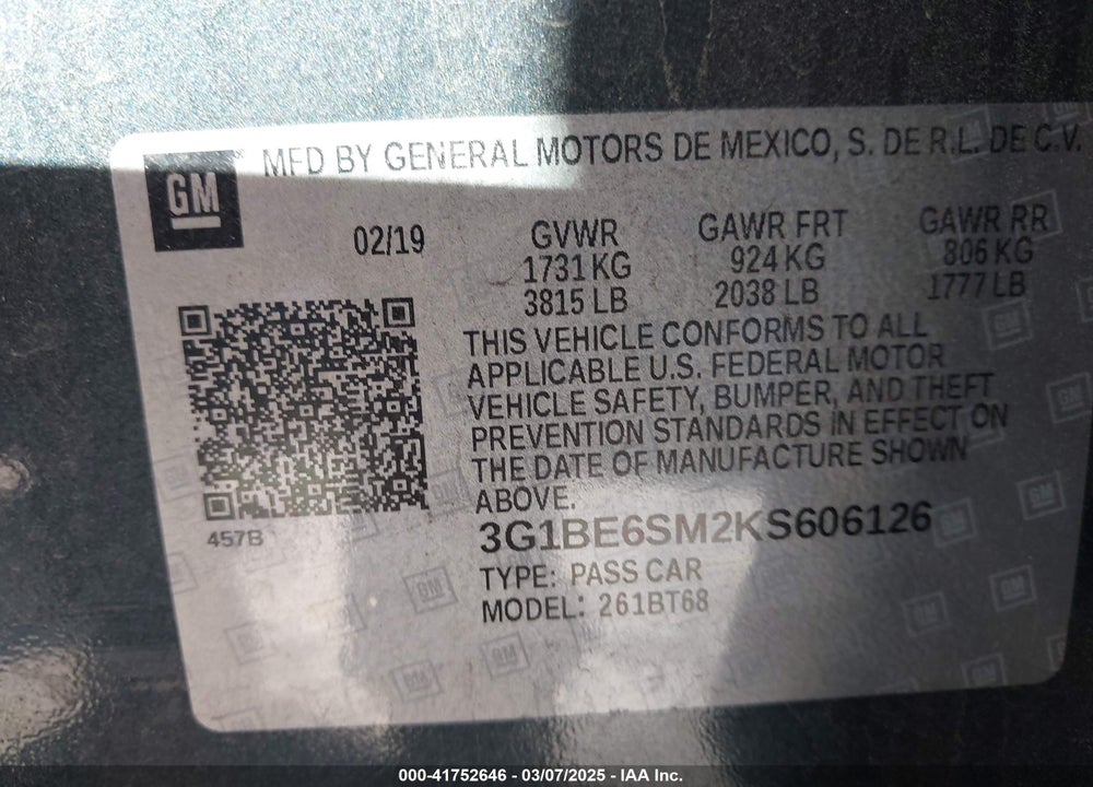 2019 CHEVROLET CRUZE VIN: 3G1BE6SM2KS606126