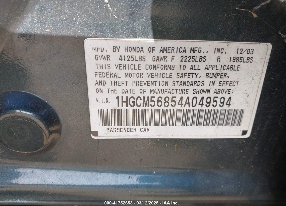 2004 HONDA ACCORD VIN: 1HGCM56854A049594