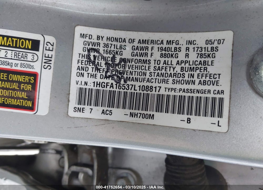 2007 HONDA CIVIC VIN: 1HGFA16537L108817
