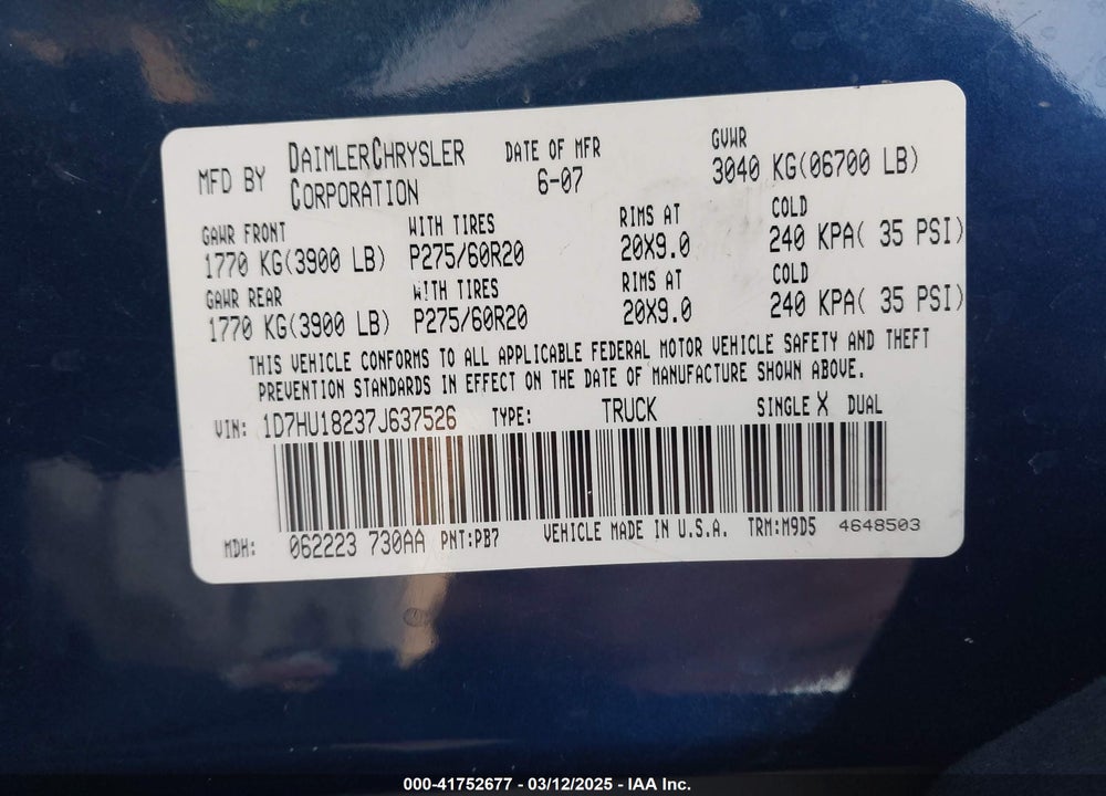 2007 DODGE RAM 1500 VIN: 1D7HU18237J637526