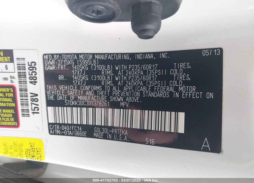 2013 TOYOTA SIENNA VIN: 5TDKK3DC3DS378261