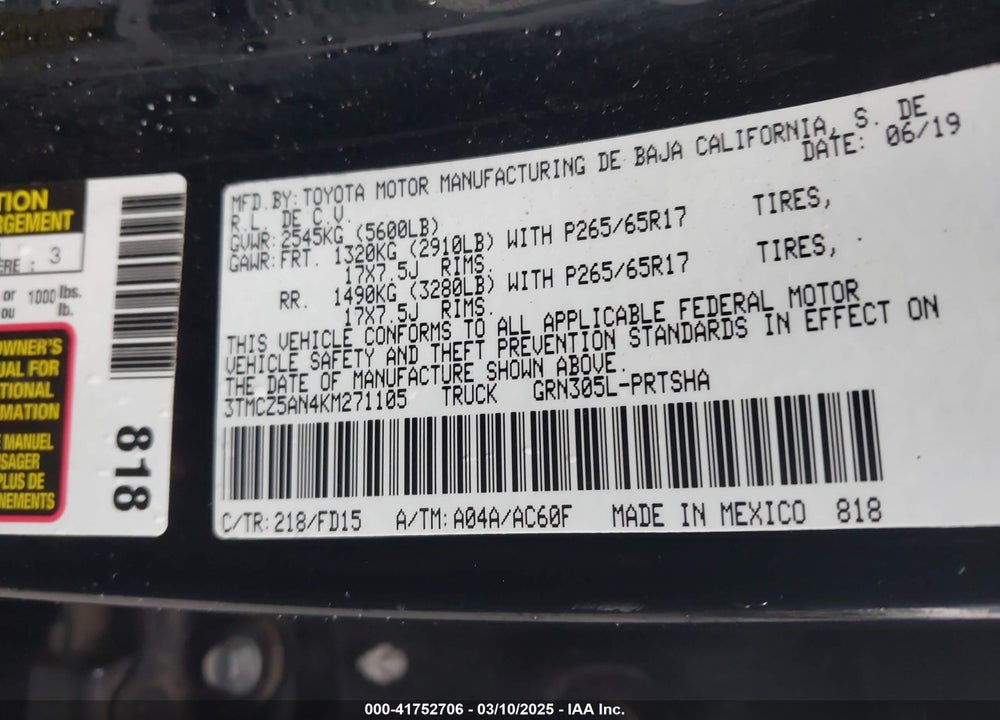2019 TOYOTA TACOMA VIN: 3TMCZ5AN4KM271105