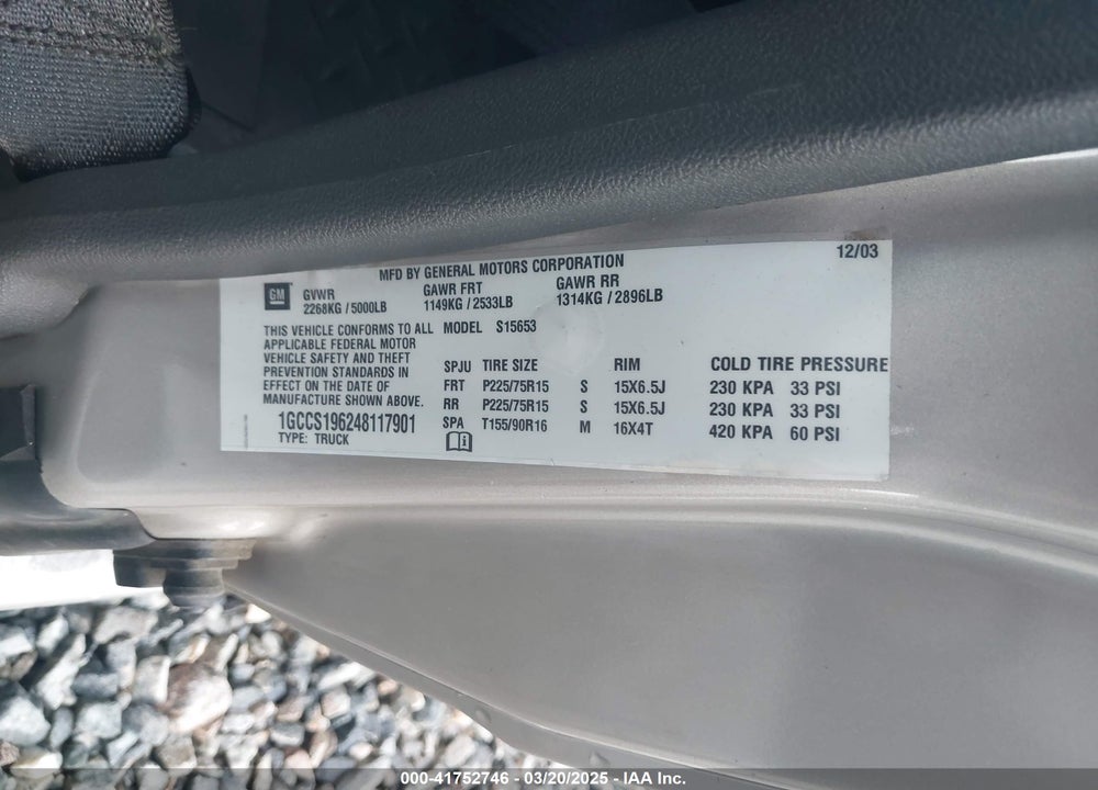 2004 CHEVROLET COLORADO LS VIN: 1GCCS196248117901