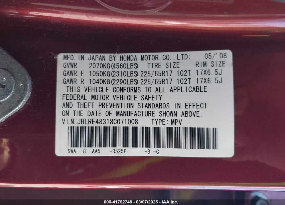 2008 HONDA CR-V LX VIN: JHLRE48318C071008