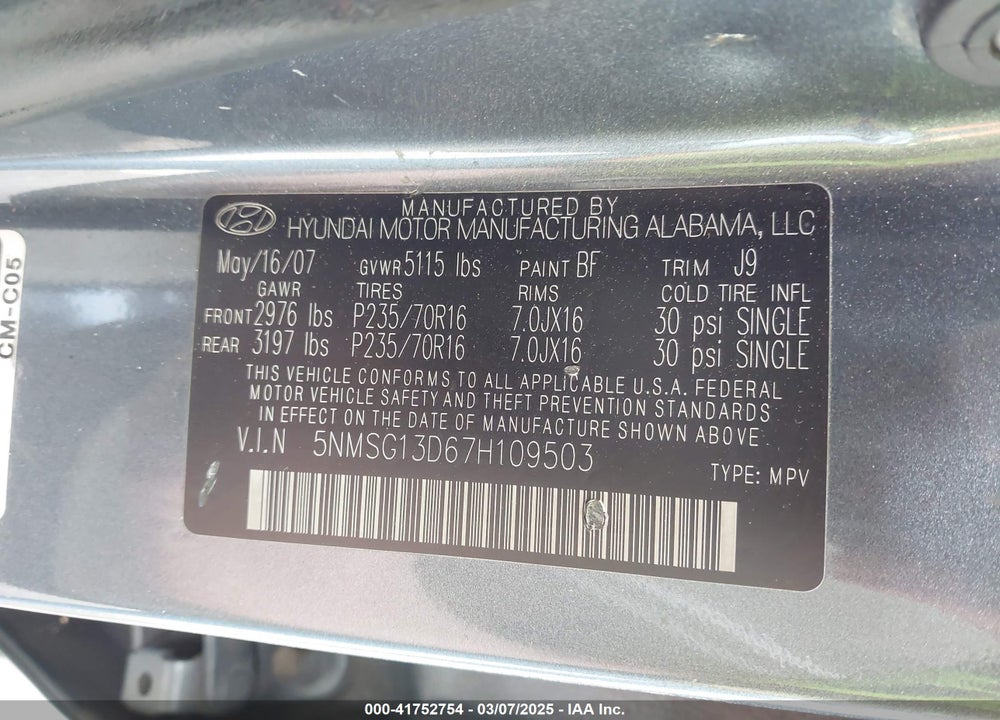 2007 HYUNDAI SANTA FE VIN: 5NMSG13D67H109503