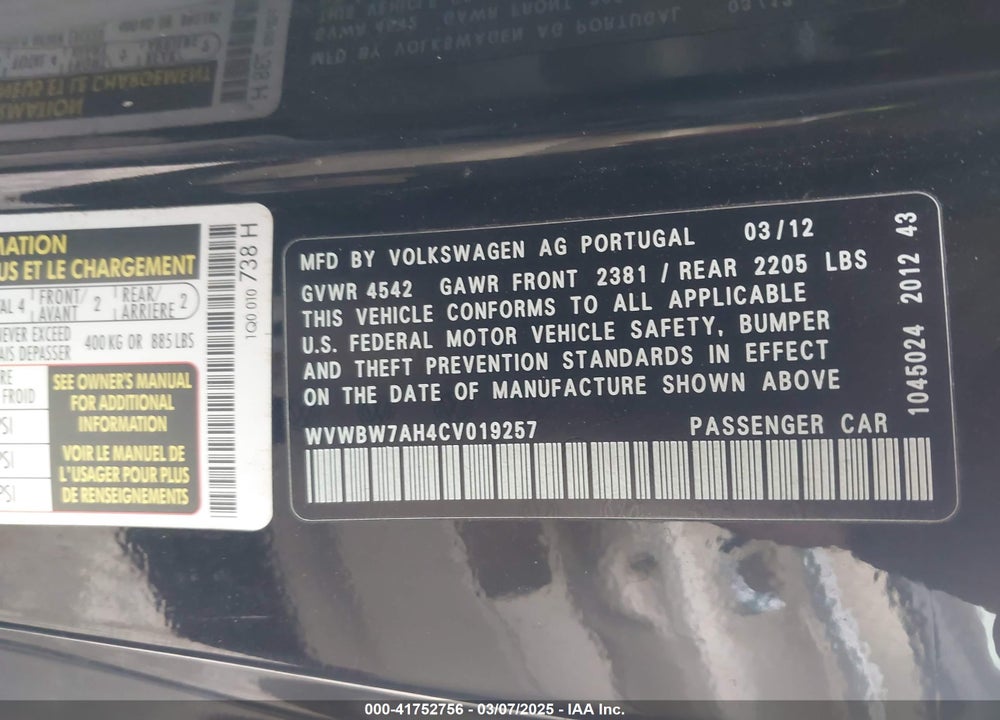 2012 VOLKSWAGEN EOS VIN: WVWBW7AH4CV019257