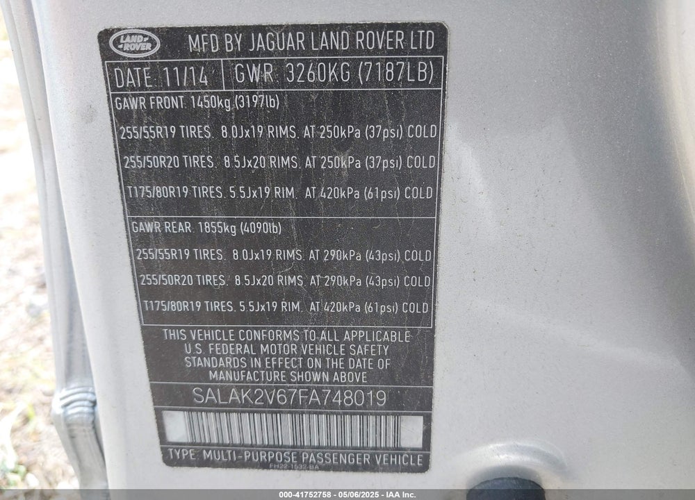 2015 LAND ROVER LR4 VIN: SALAK2V67FA748019