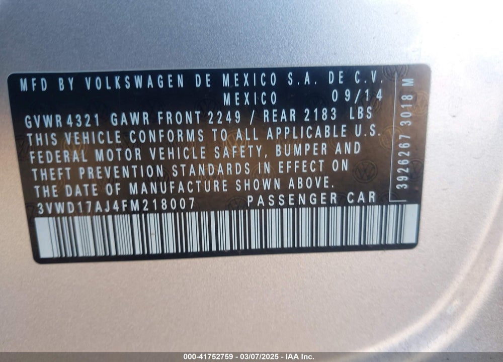 2015 VOLKSWAGEN JETTA VIN: 3VWD17AJ4FM218007