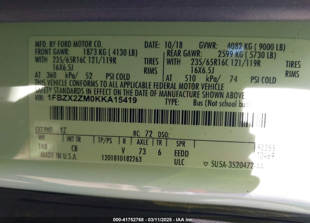 2019 FORD TRANSIT-350 VIN: 1FBZX2ZM0KKA15419