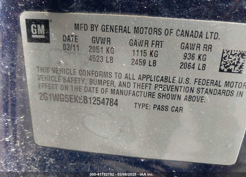 2011 CHEVROLET IMPALA VIN: 2G1WG5EK5B1254784