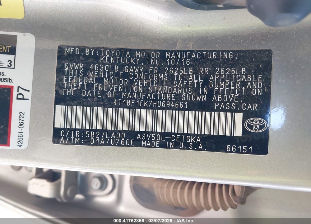 2017 TOYOTA CAMRY VIN: 4T1BF1FK7HU694661