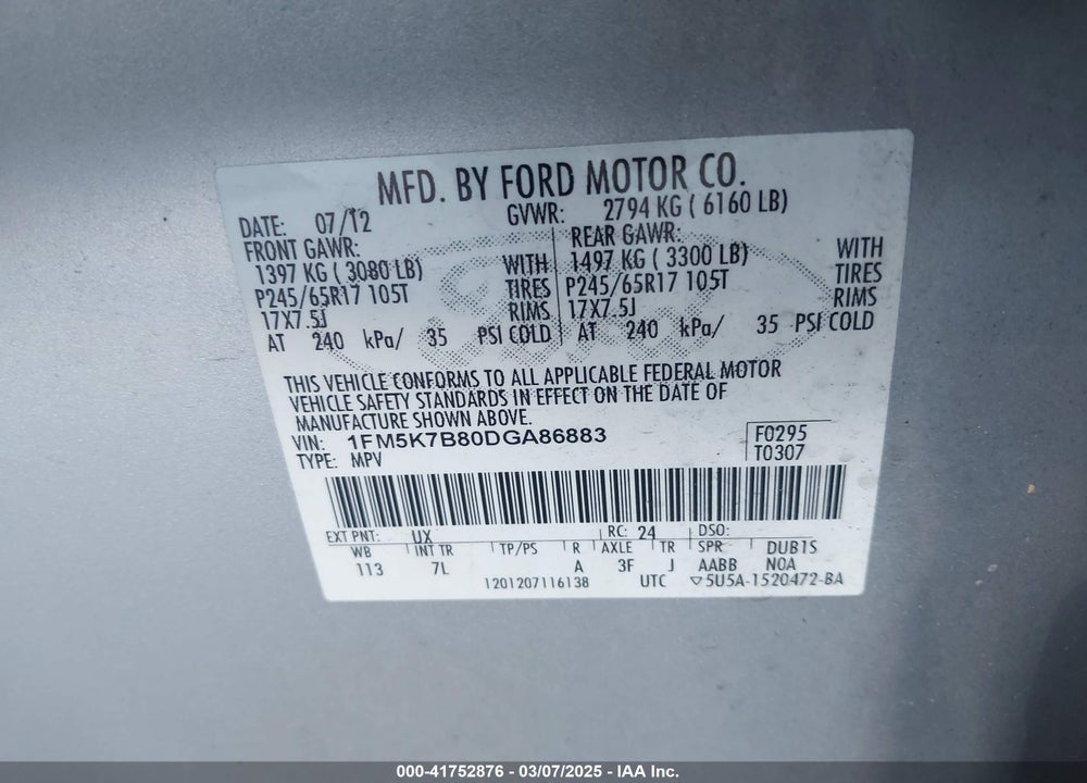 2013 FORD EXPLORER VIN: 1FM5K7B80DGA86883