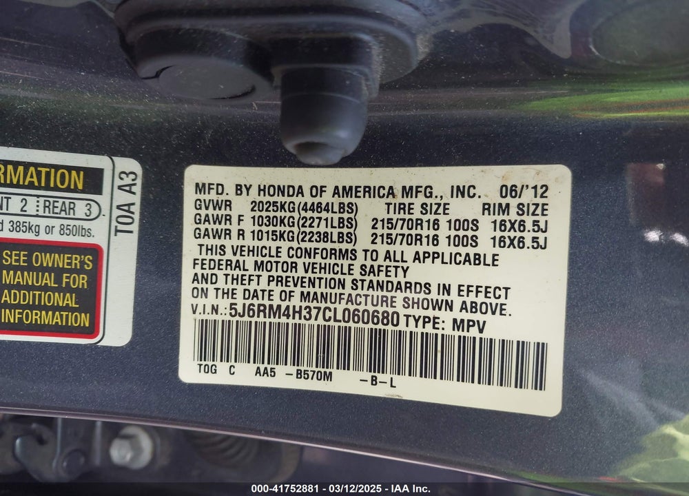 2012 HONDA CR-V VIN: 5J6RM4H37CL060680