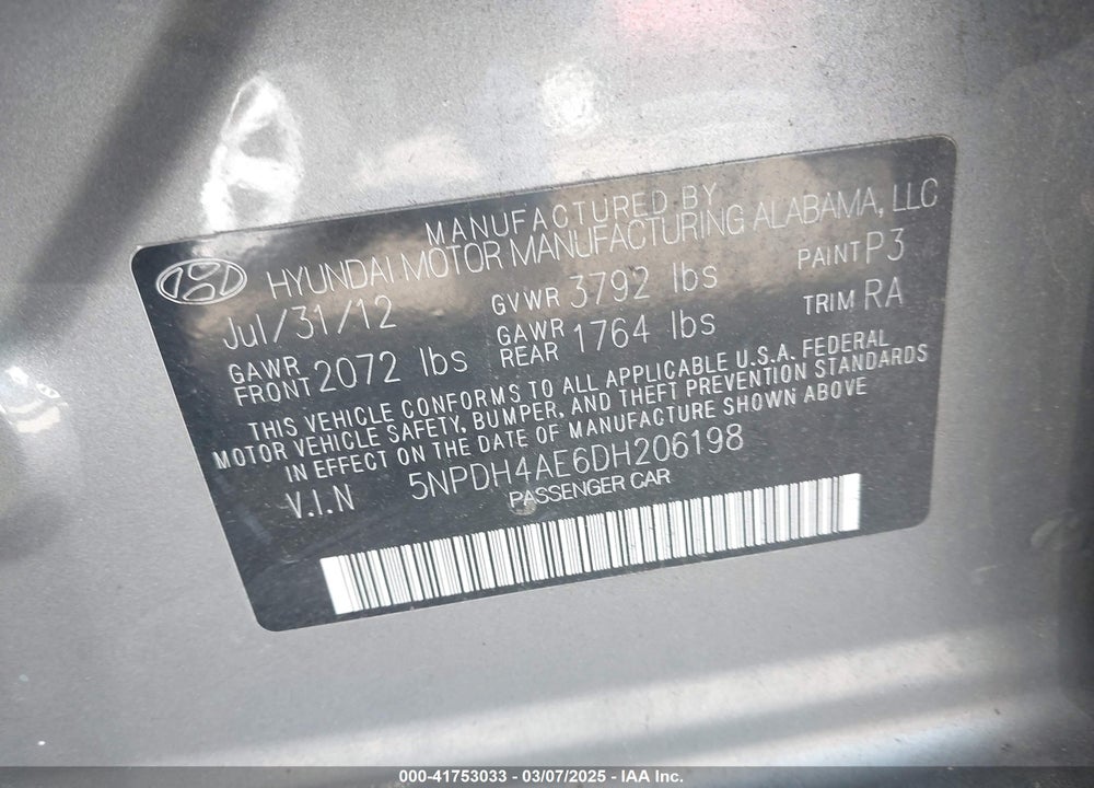 2013 HYUNDAI ELANTRA VIN: 5NPDH4AE6DH206198