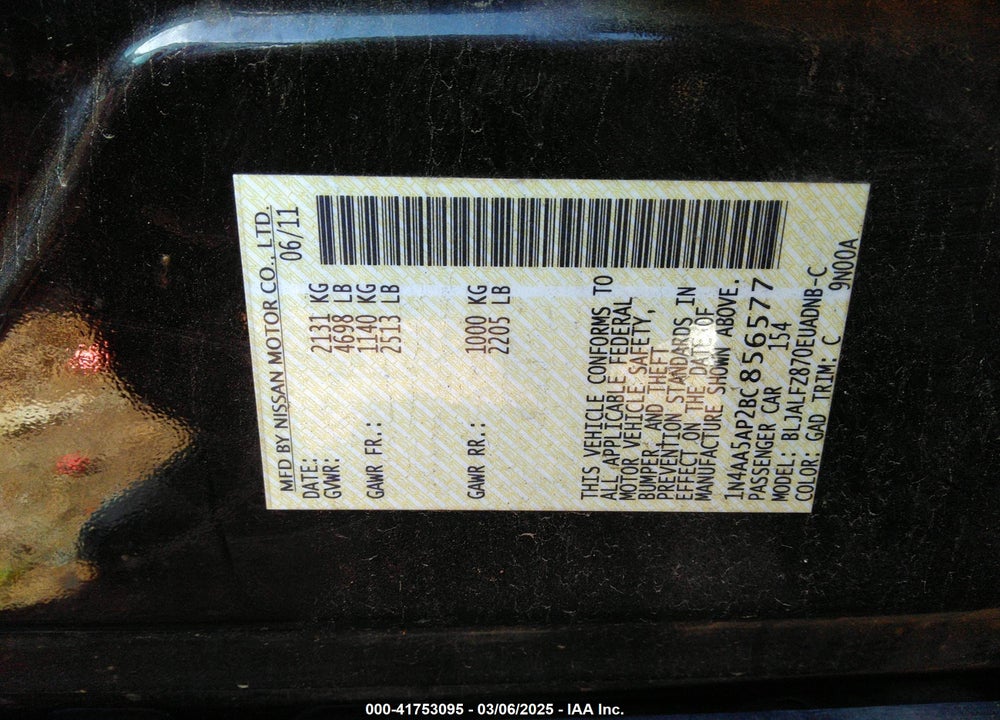 2011 NISSAN MAXIMA 3.5 SV VIN: 1N4AA5AP2BC856577