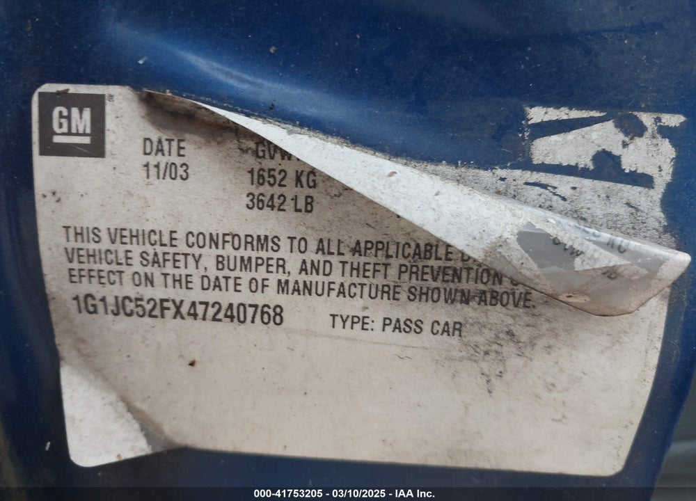 2004 CHEVROLET CAVALIER VIN: 1G1JC52FX47240768
