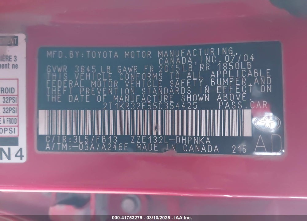 2005 TOYOTA MATRIX/XR VIN: 2T1KR32E55C354425