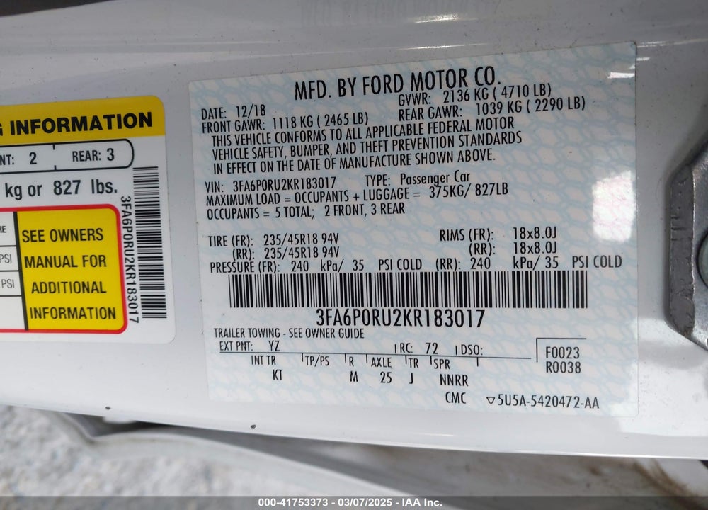 2019 FORD FUSION HYBRID VIN: 3FA6P0RU2KR183017