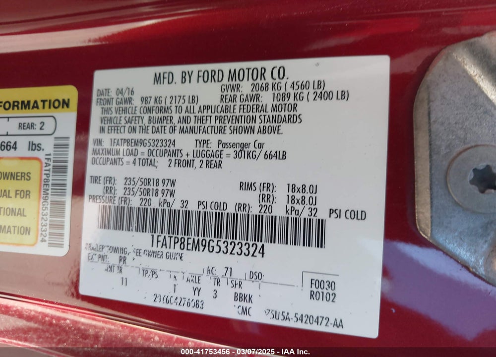 2016 FORD MUSTANG VIN: 1FATP8EM9G5323324