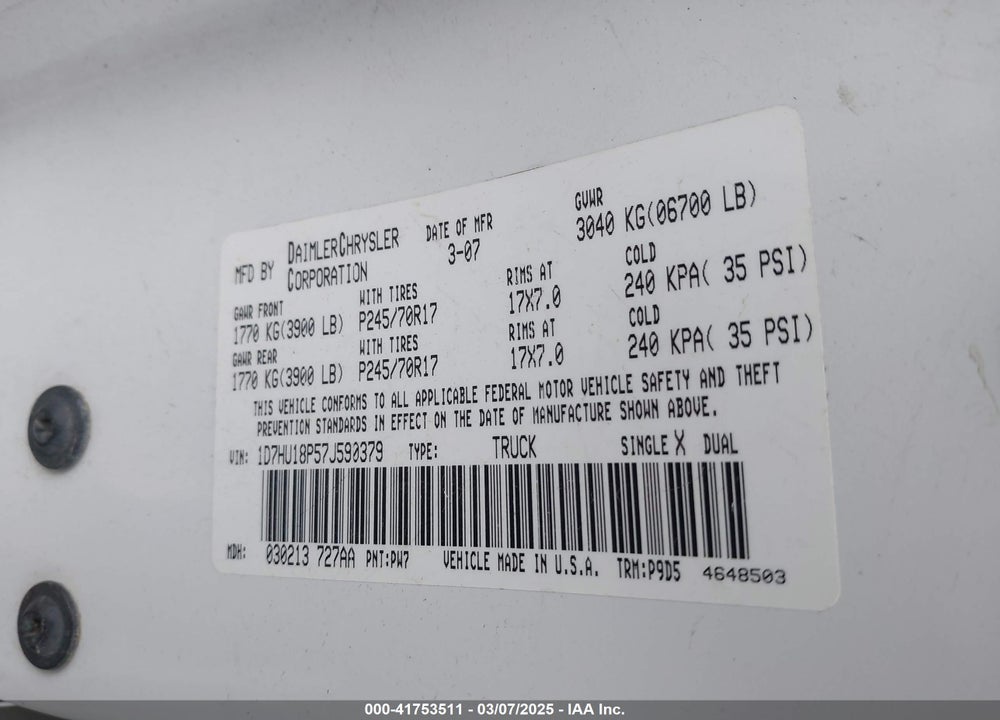 2007 DODGE RAM 1500 VIN: 1D7HU18P57J590379