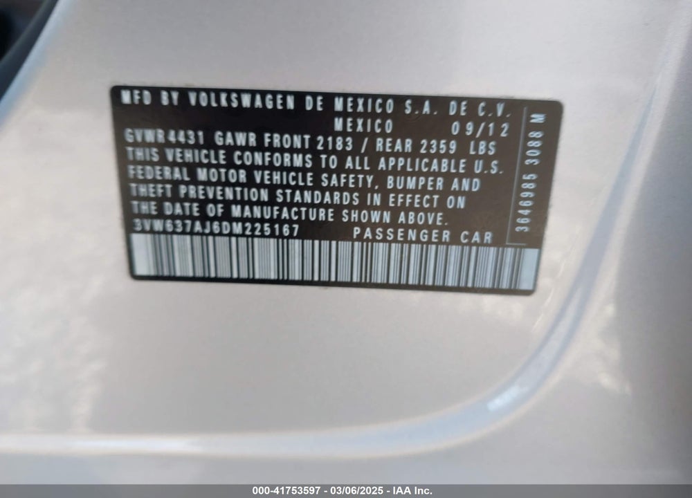 2013 VOLKSWAGEN JETTA HYBRID VIN: 3VW637AJ6DM225167