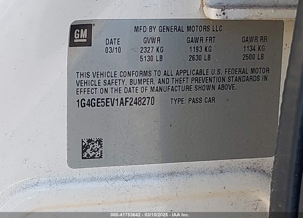 2010 BUICK LACROSSE CXS VIN: 1G4GE5EV1AF248270
