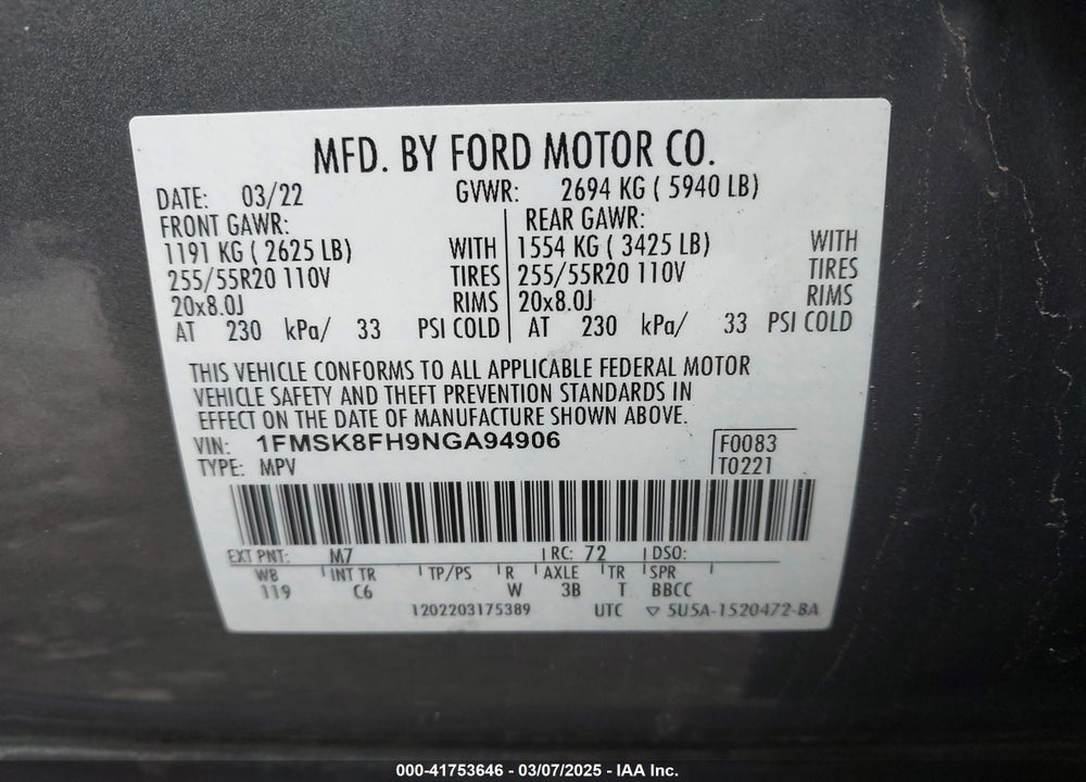 2022 FORD EXPLORER LIMITED VIN: 1FMSK8FH9NGA94906
