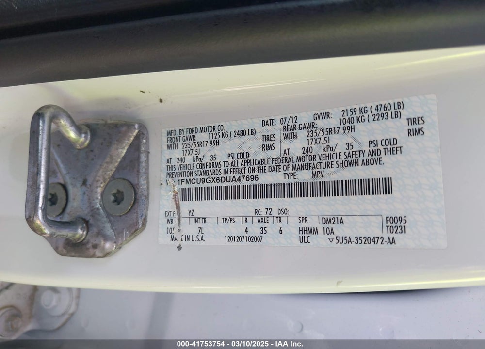 2013 FORD ESCAPE VIN: 1FMCU9GX6DUA47696