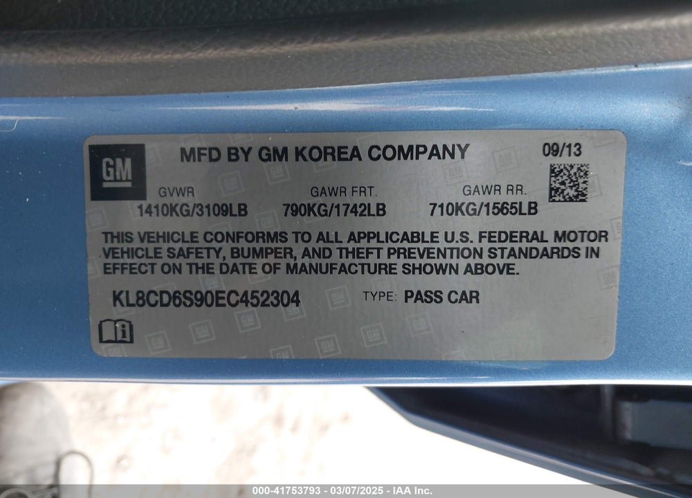 2014 CHEVROLET SPARK VIN: KL8CD6S90EC452304