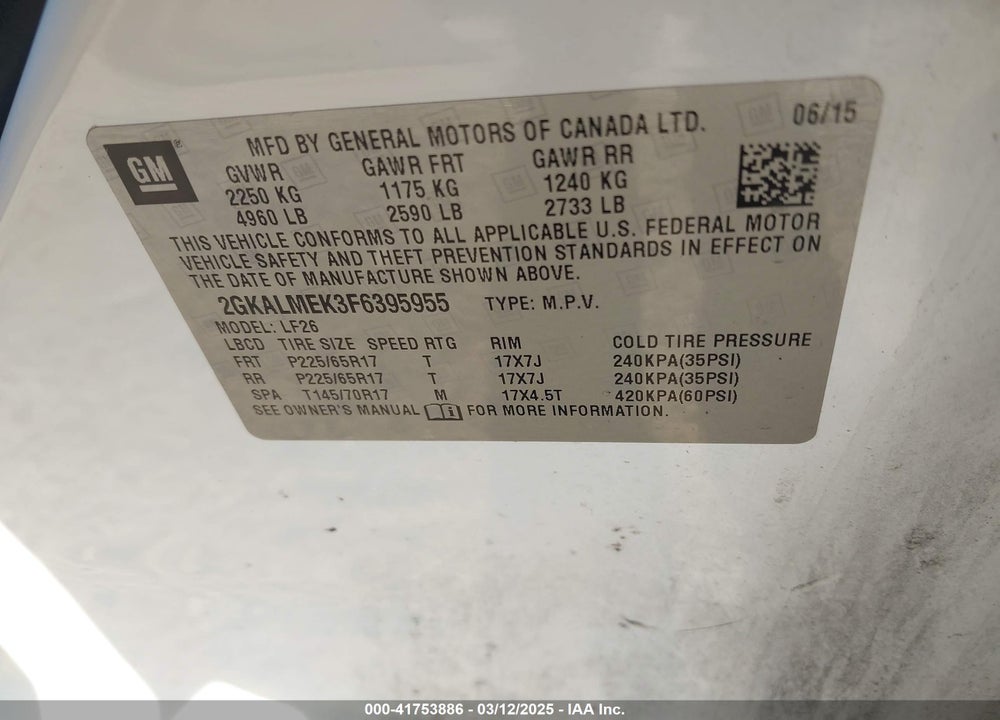 2015 GMC TERRAIN VIN: 2GKALMEK3F6395955