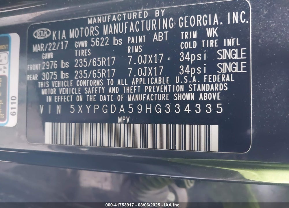 2017 KIA SORENTO 3.3L LX VIN: 5XYPGDA59HG334335