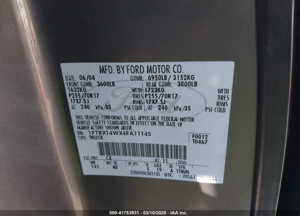 2004 FORD F-150 STX/XL/XLT VIN: 1FTRX14WX4FA11145