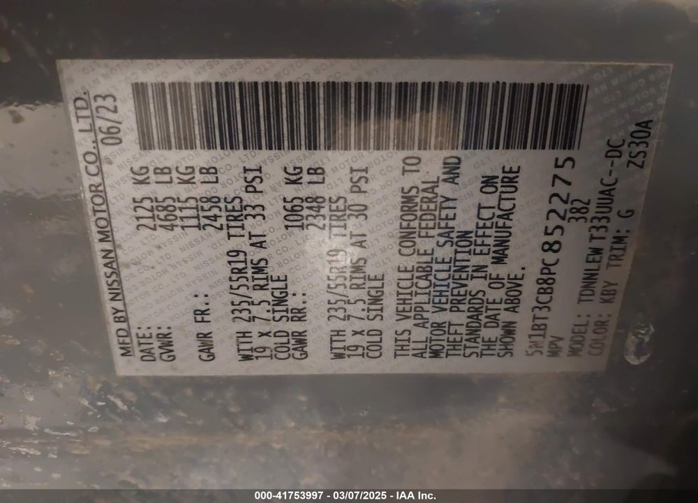 2023 NISSAN ROGUE VIN: 5N1BT3CB8PC852275