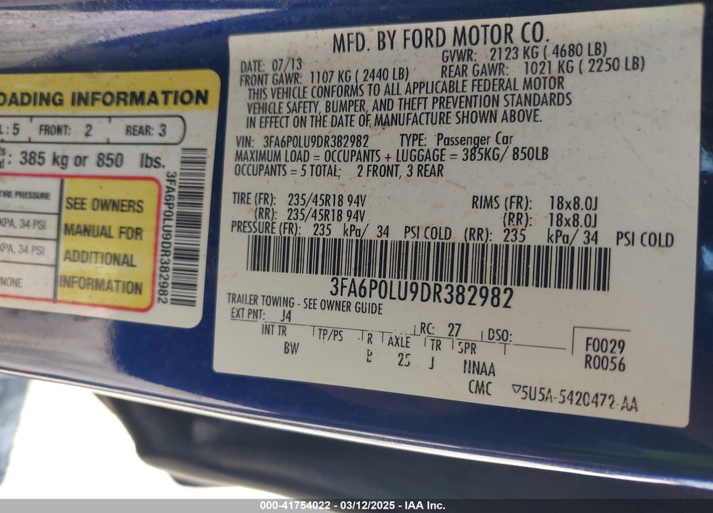 2013 FORD FUSION HYBRID VIN: 3FA6P0LU9DR382982