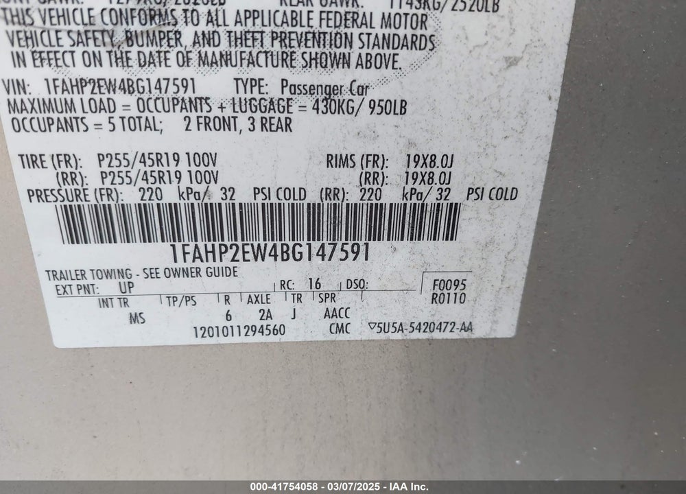 2011 FORD TAURUS SEL VIN: 1FAHP2EW4BG147591