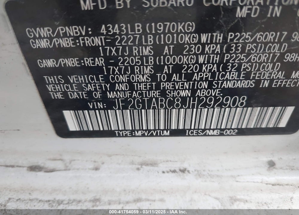 2018 SUBARU CROSSTREK 2.0I PREMIUM VIN: JF2GTABC8JH292908