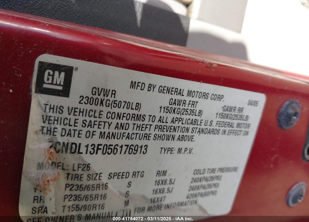 2005 CHEVROLET EQUINOX VIN: 2CNDL13F056176913