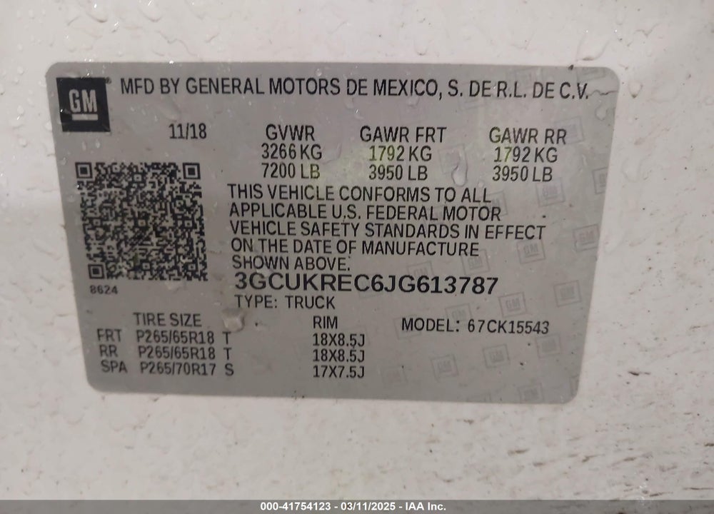 2018 CHEVROLET SILVERADO 1500 VIN: 3GCUKREC6JG613787